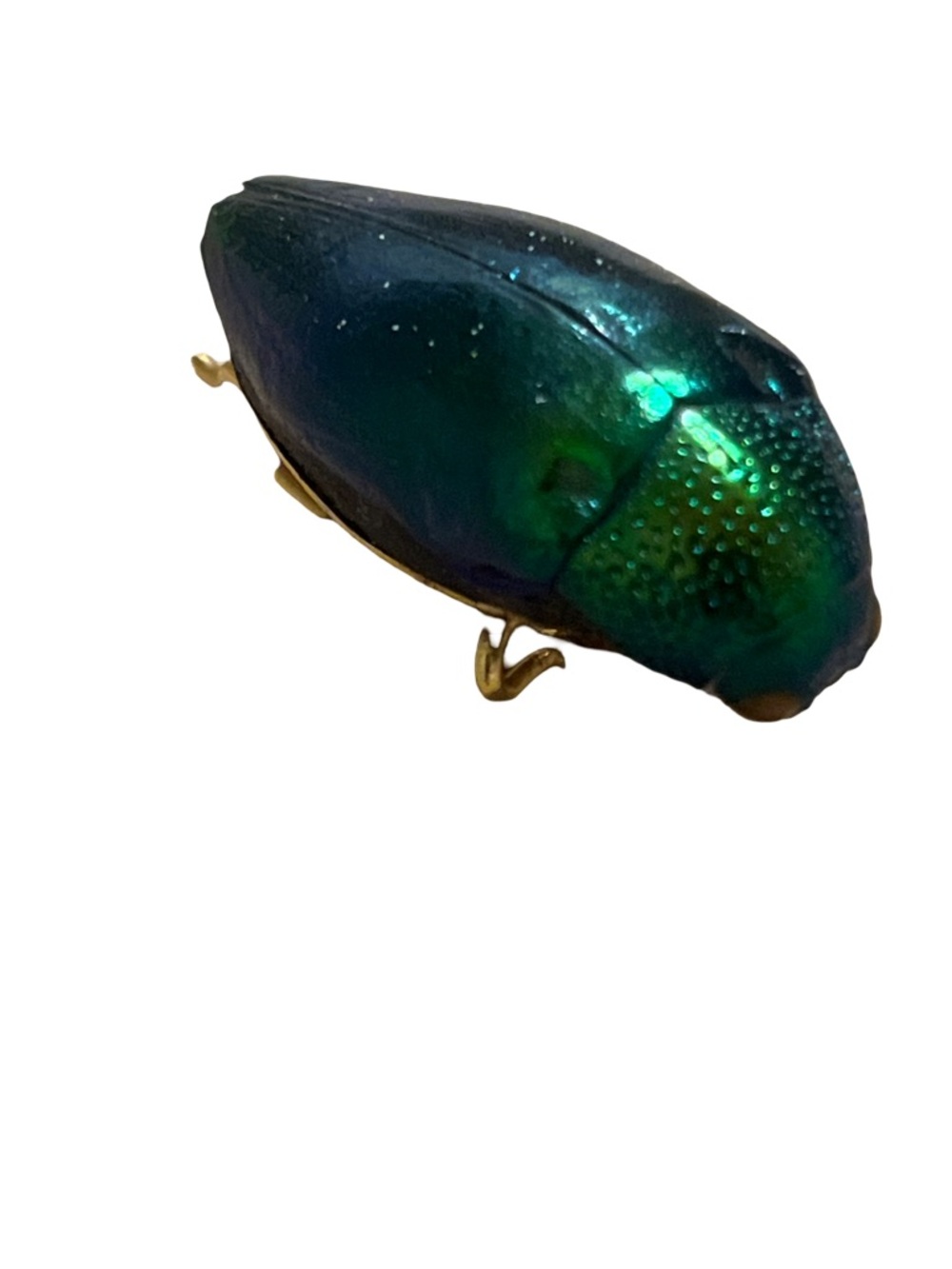 Vintage Beetle Brooch Iridescent Emerald Green Wings Scarab Insect Gold Tone Pin